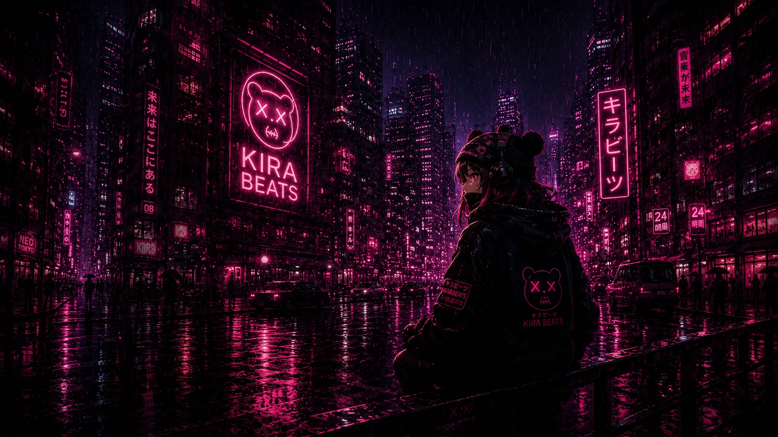 Kira wearing headphones in a rain-soaked city lit by pink neon
