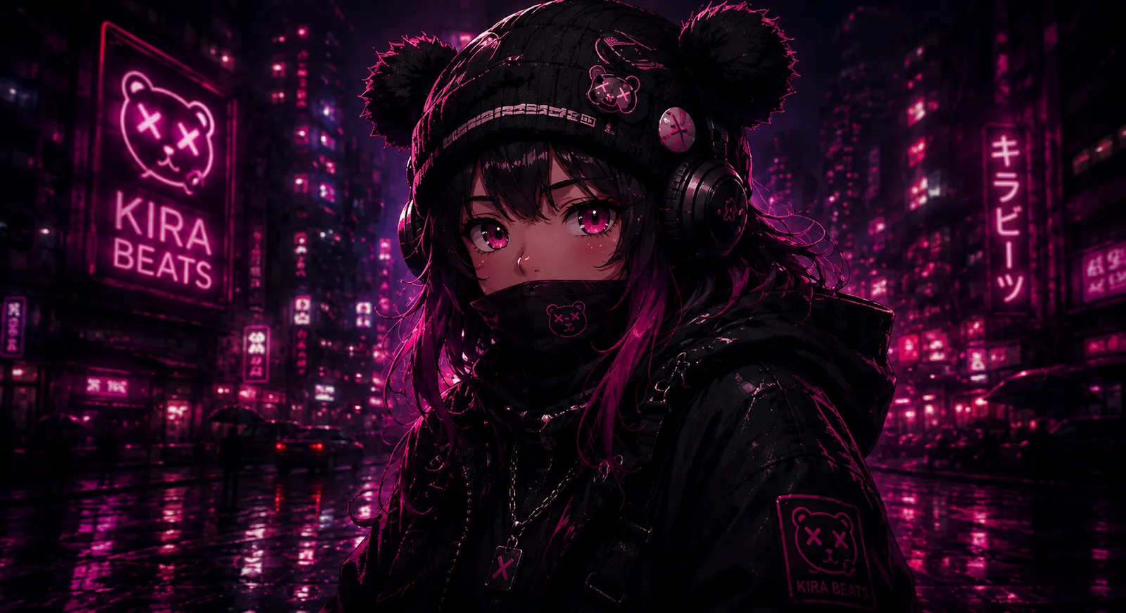 Portrait of Kira, the virtual character of Kira Beats, wearing headphones and a black beanie