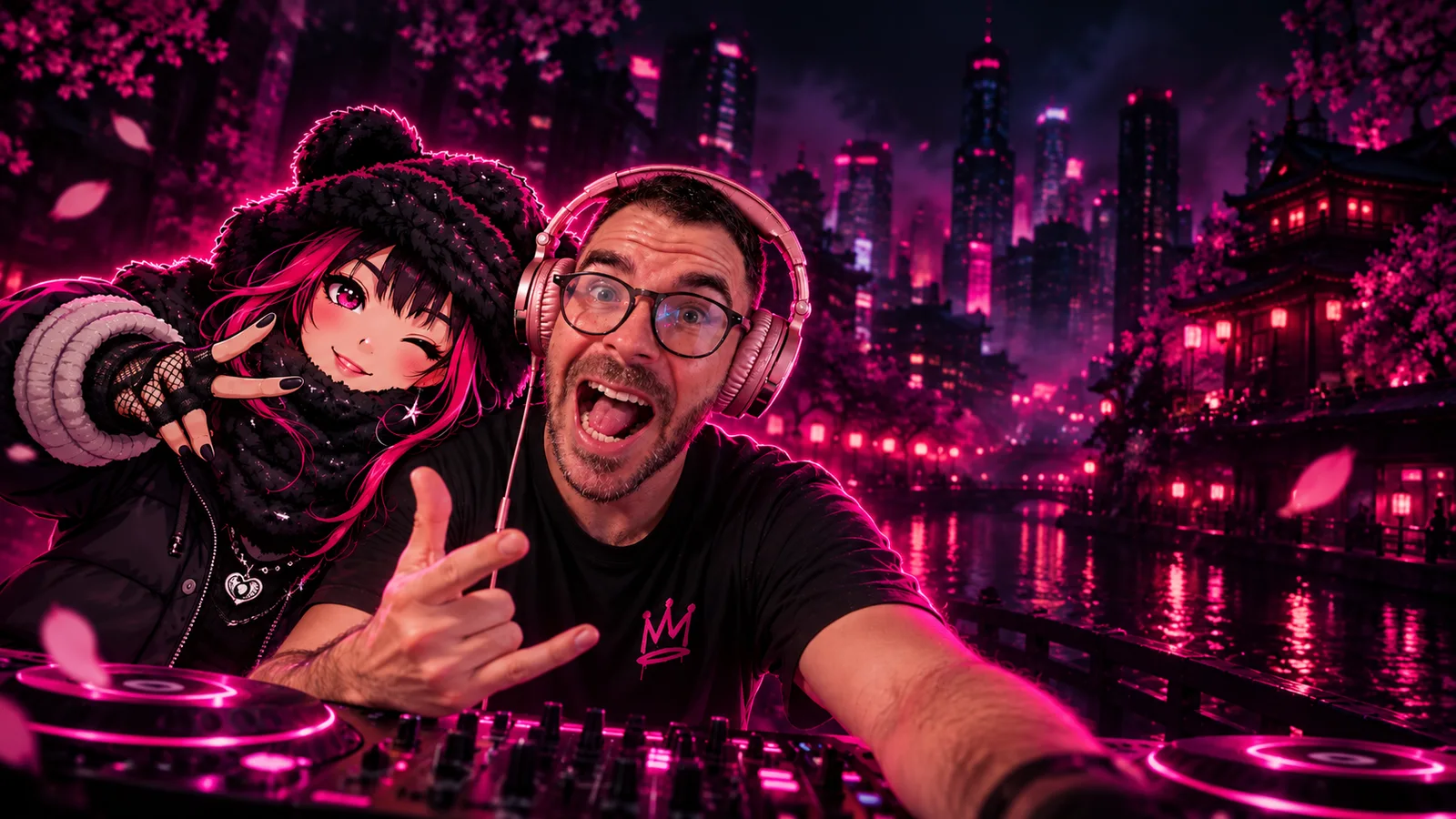 Pau wearing headphones alongside the Kira character, at a DJ booth in a neon-lit city
