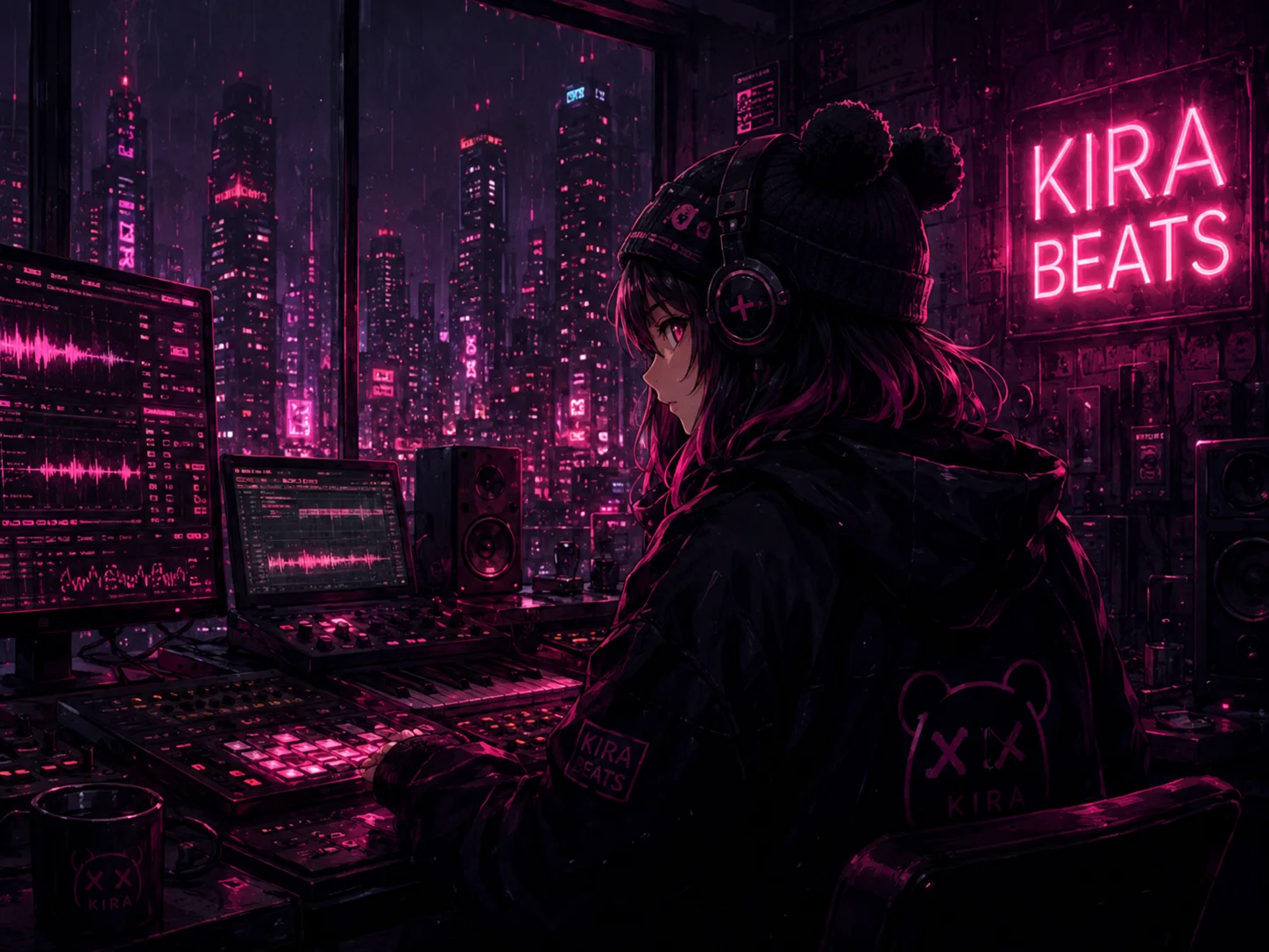 Kira making music in a studio overlooking the city